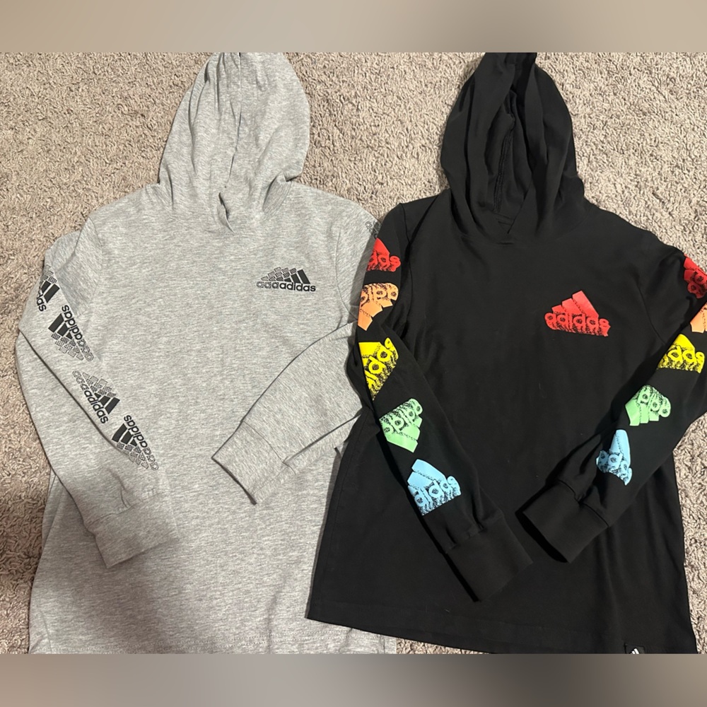 2 Adidas Gray and Black Hooded T-shirts youth small size 7/8 long sleeve tee